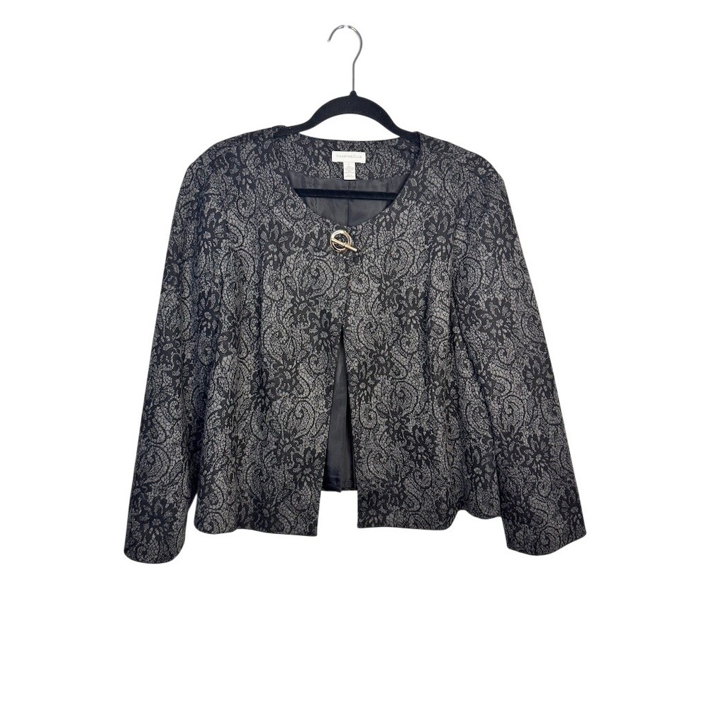 Charter Club Blazer Womens Size L Black Silver Jacquard Open Front Jacket